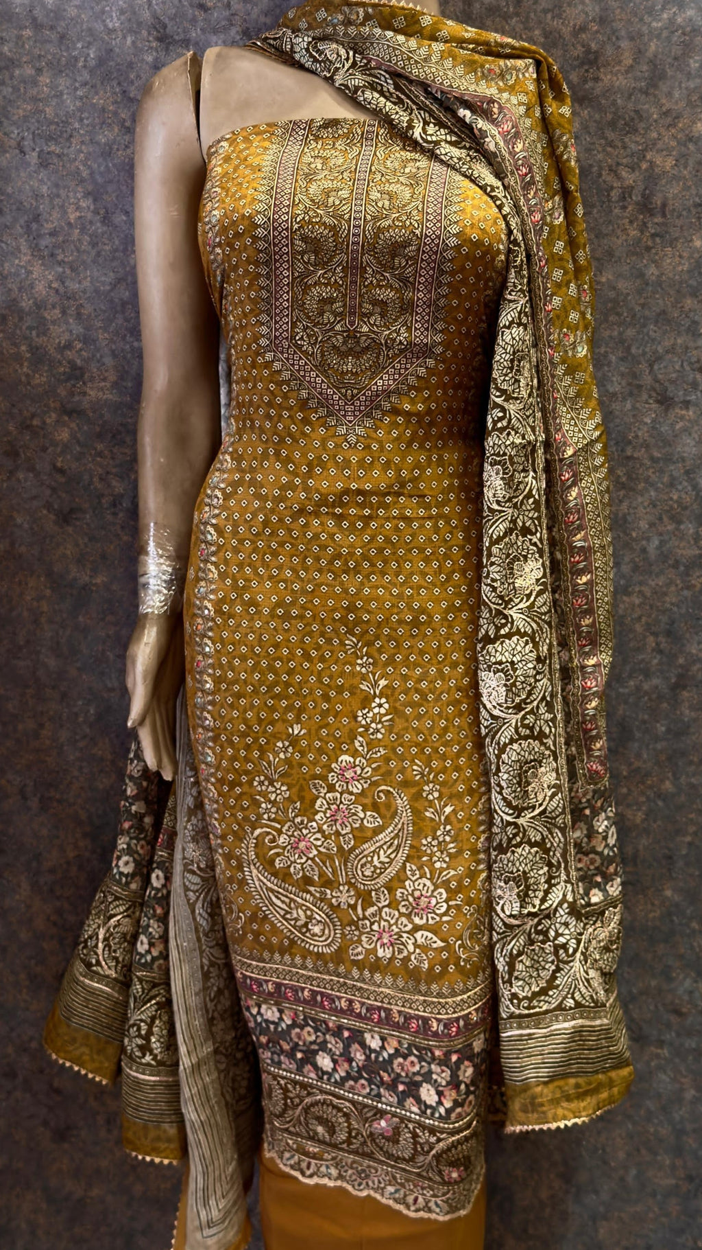 Unstitched Suit Premium Digital Printed Cotton Silk  – Mustard