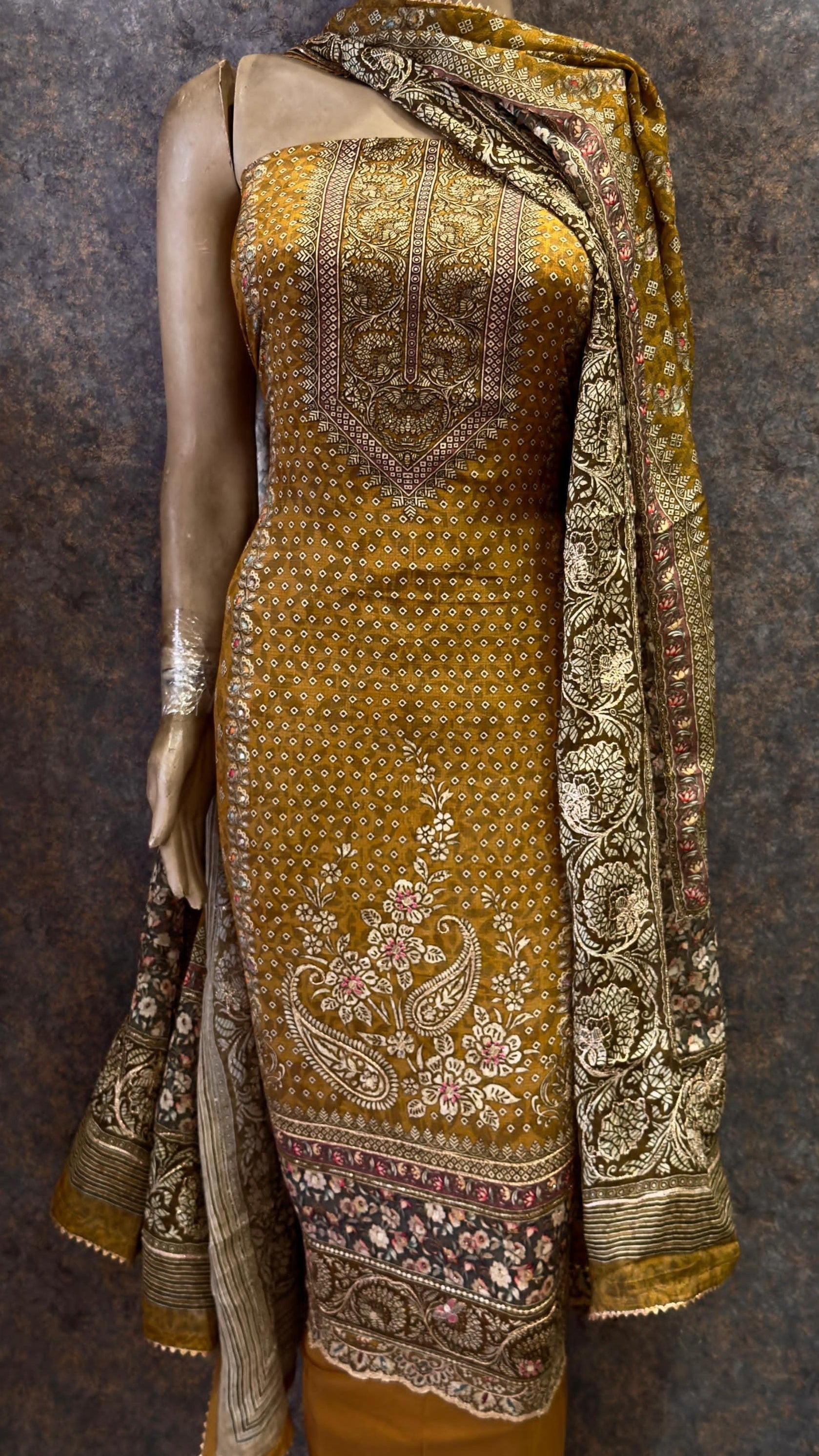 Unstitched Suit Premium Digital Printed Cotton Silk  – Mustard