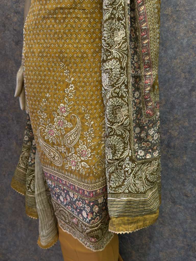 Unstitched Suit Premium Digital Printed Cotton Silk  – Mustard