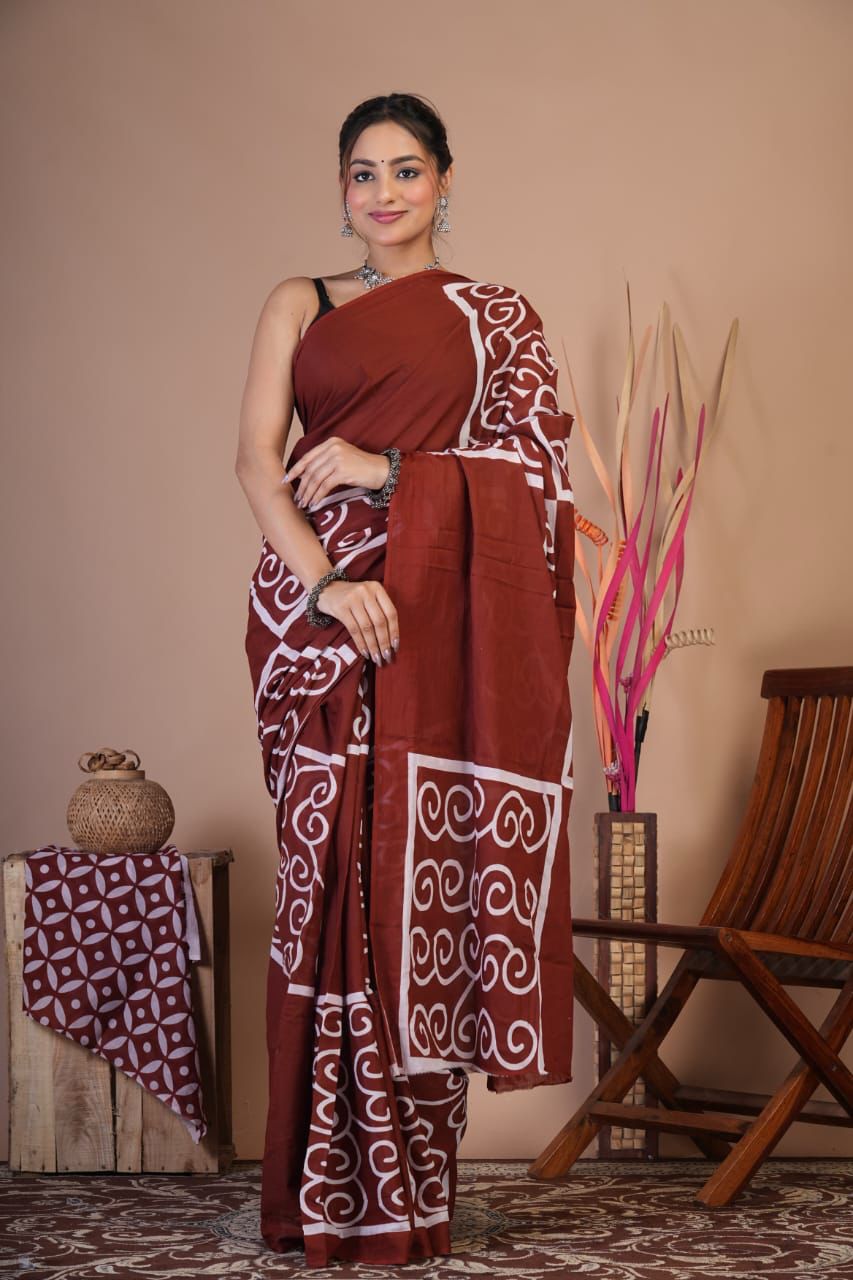 Mulmul Saree HandBlock Printed With Blouse 5.5m