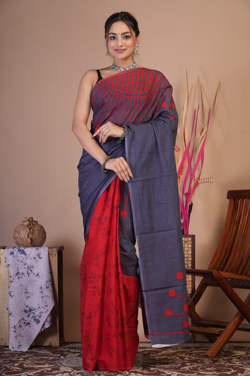 Mulmul Saree HandBlock Printed With Blouse 5.5m