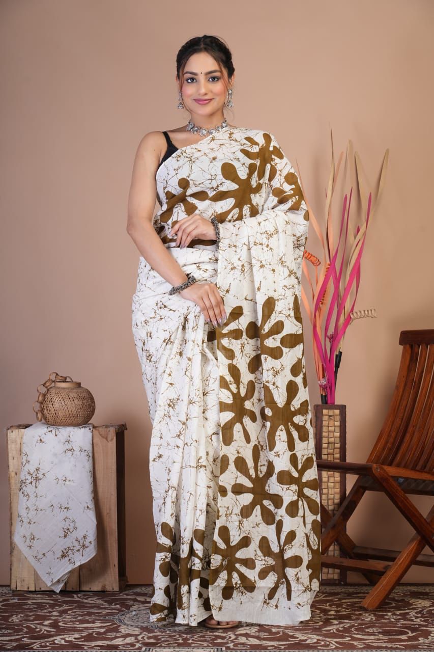 Mulmul Saree HandBlock Printed With Blouse 5.5m