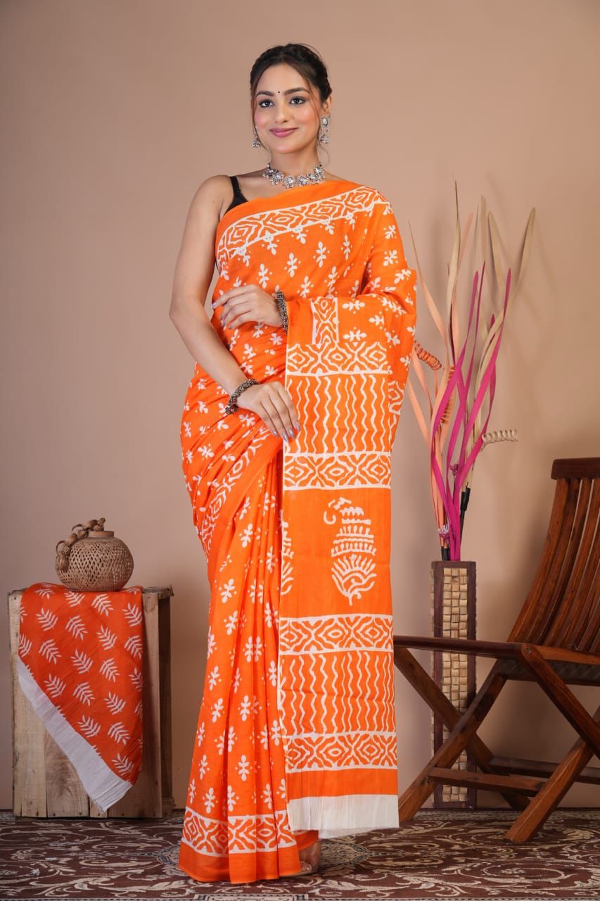 Mulmul Saree HandBlock Printed With Blouse 5.5m