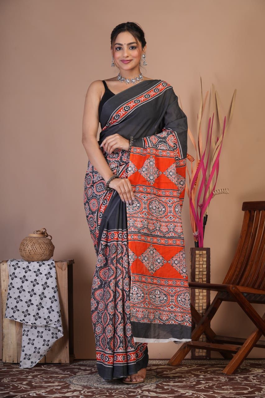 Mulmul Saree HandBlock Printed With Blouse 5.5m