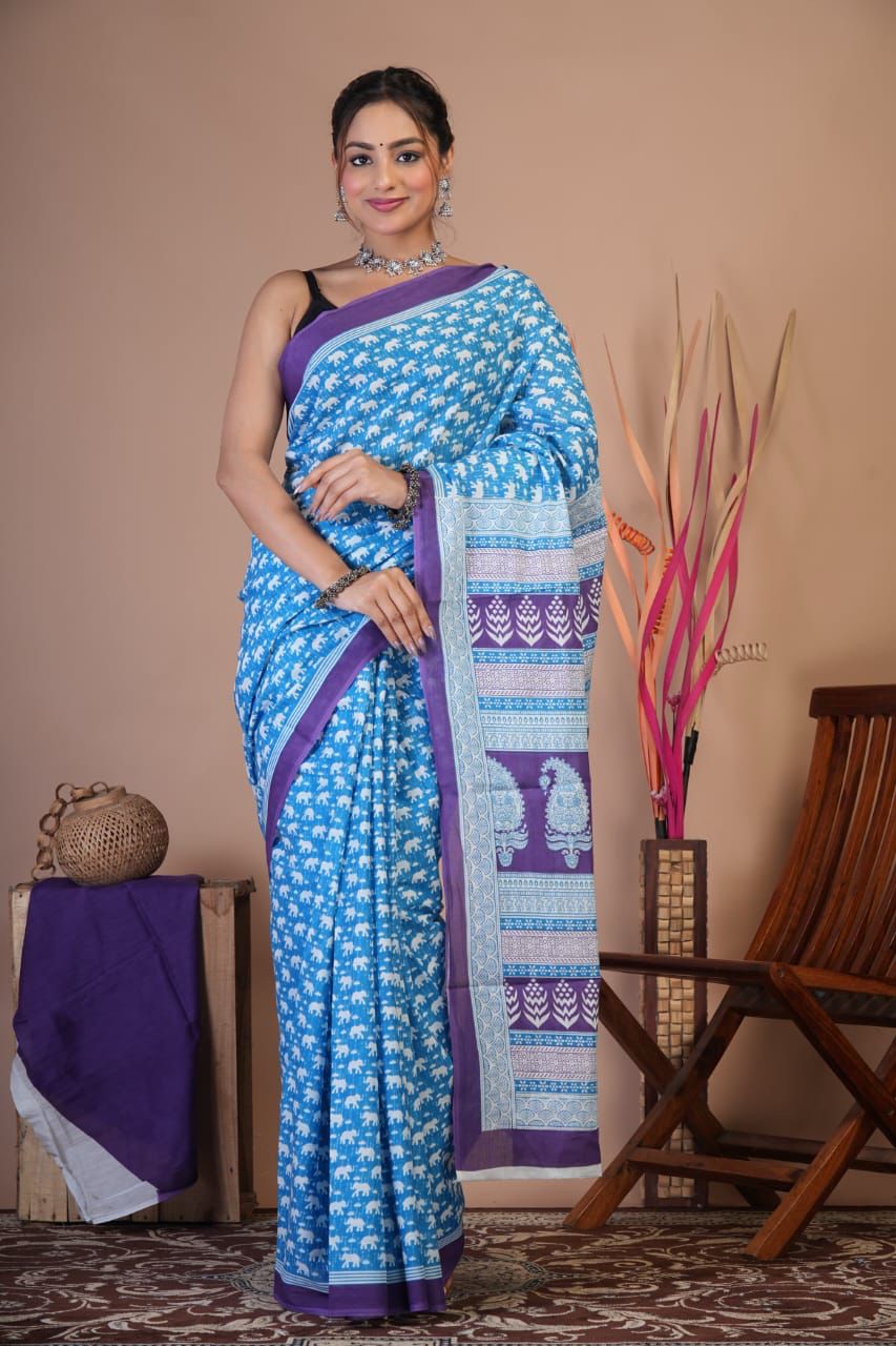 Mulmul Saree HandBlock Printed With Blouse 5.5m