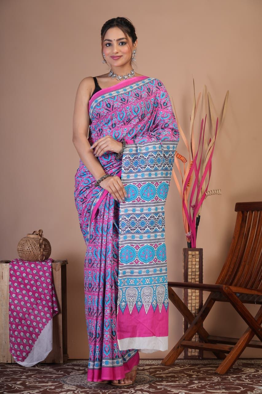 Mulmul Saree HandBlock Printed With Blouse 5.5m