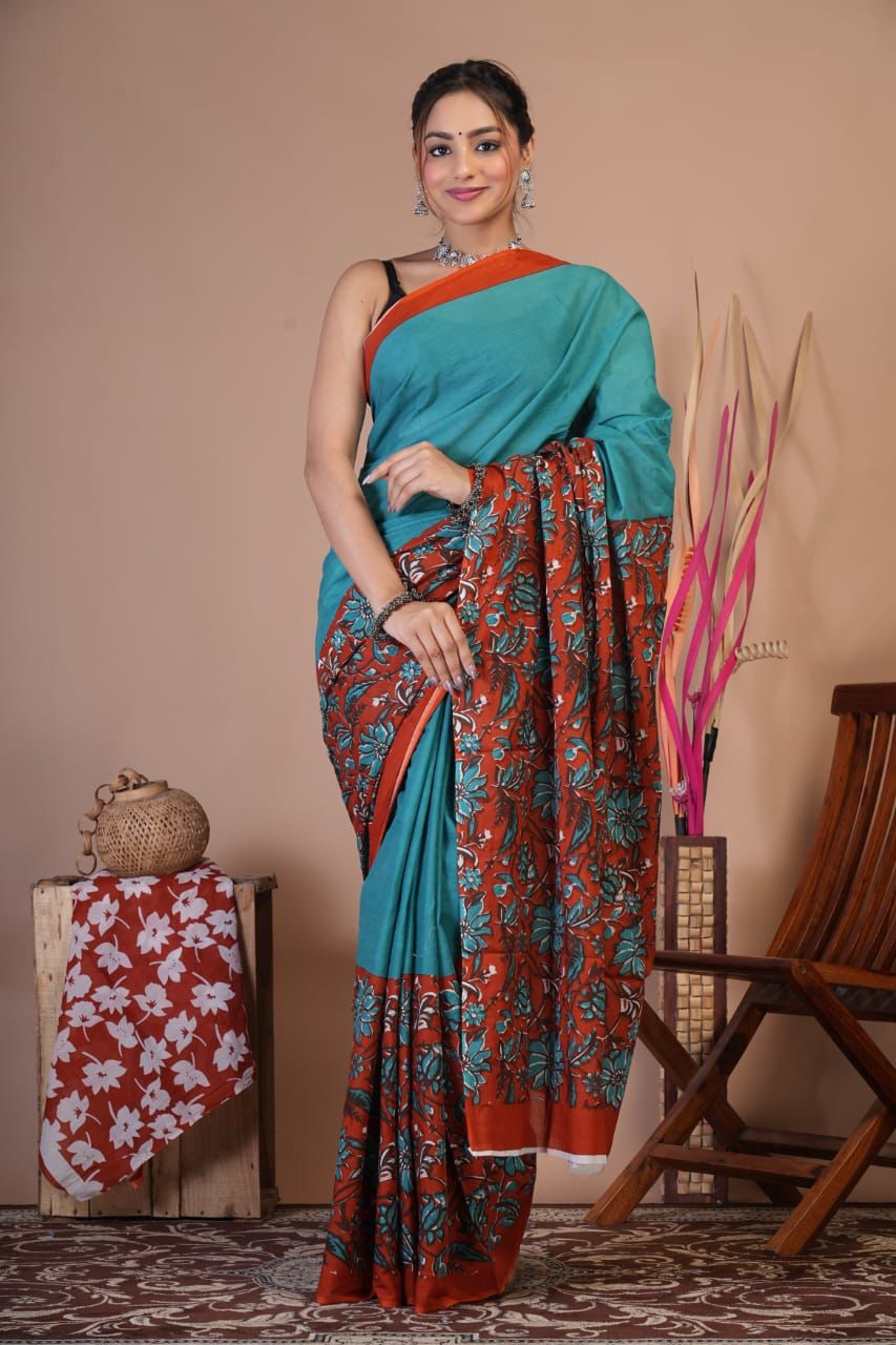 Mulmul Saree HandBlock Printed With Blouse 5.5m