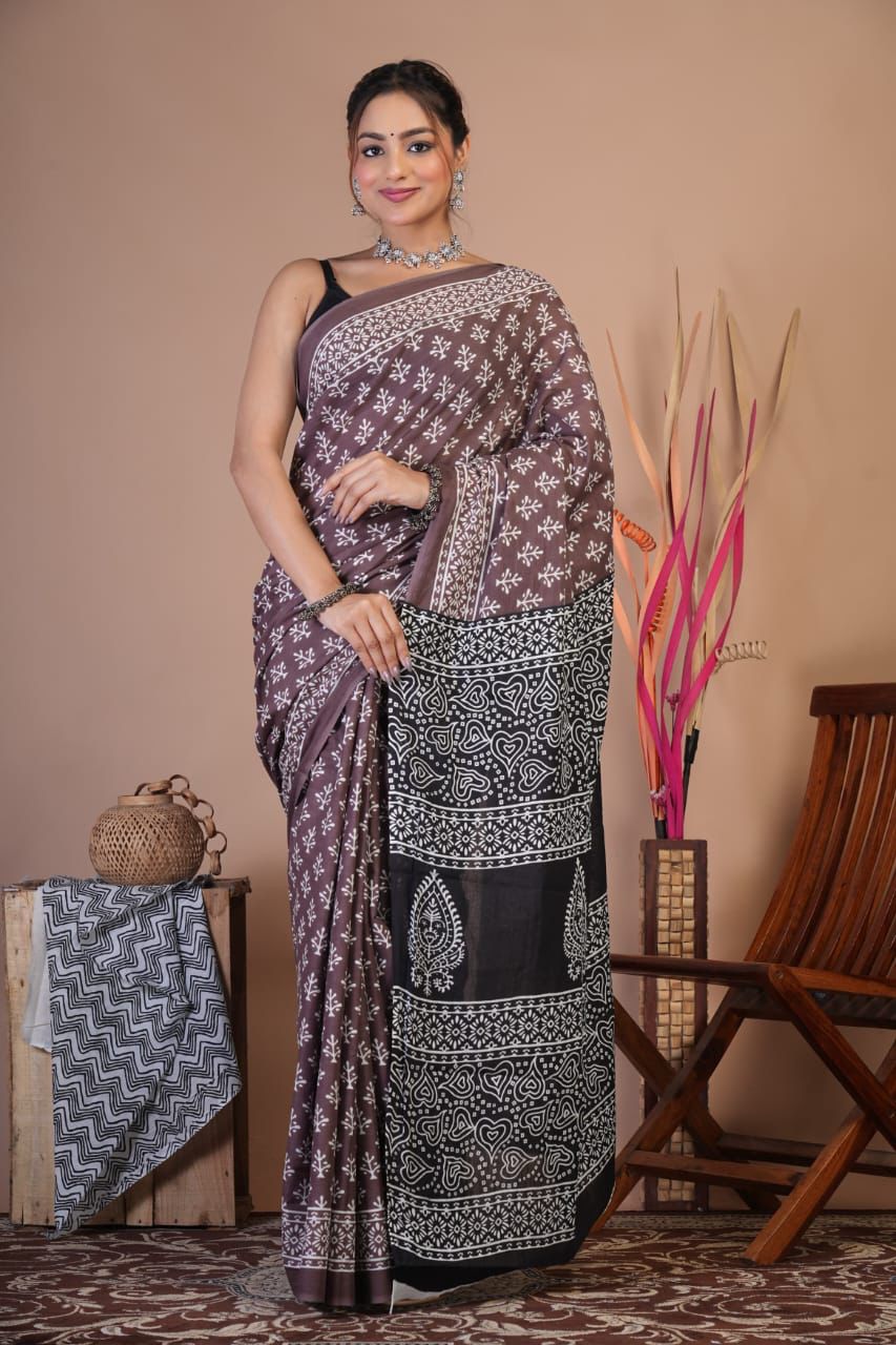 Mulmul Saree HandBlock Printed With Blouse 5.5m