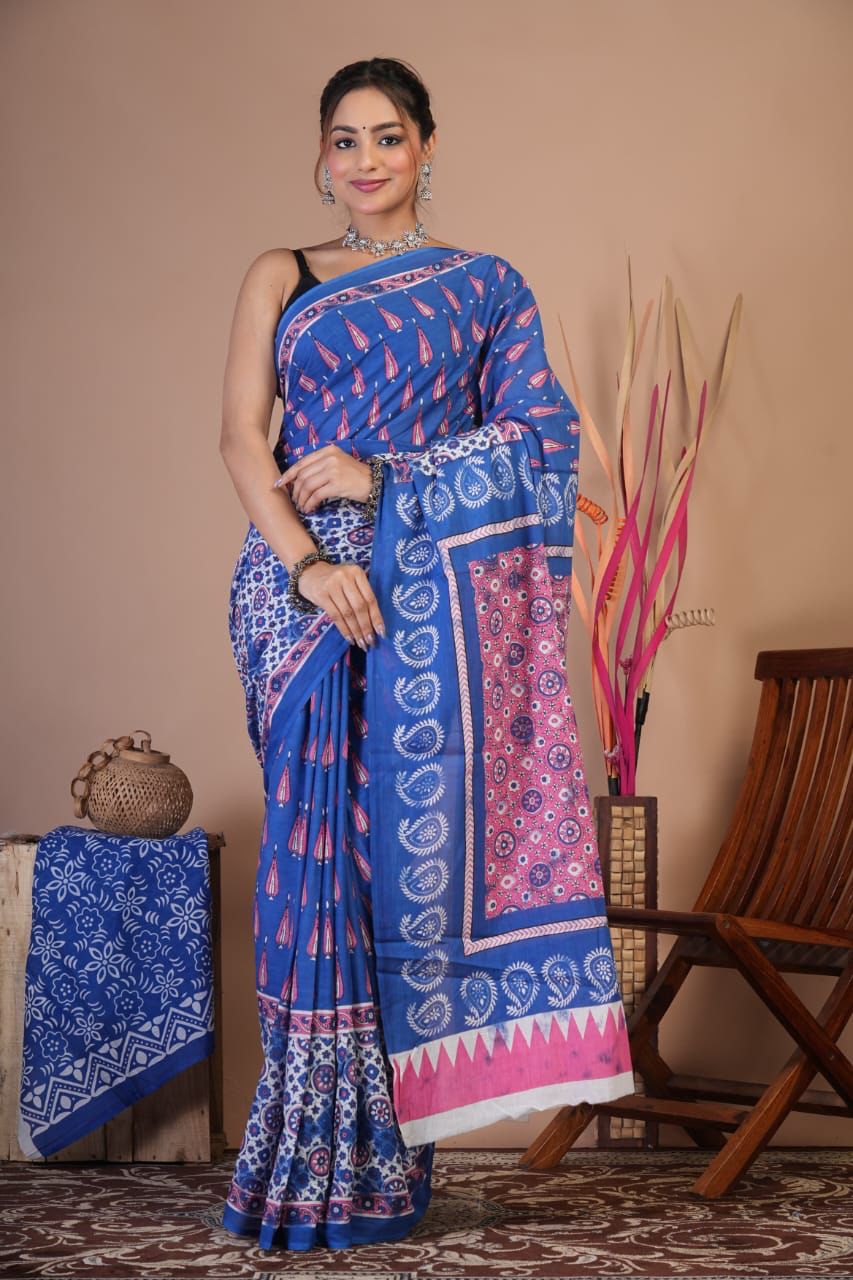 Mulmul Saree HandBlock Printed With Blouse 5.5m