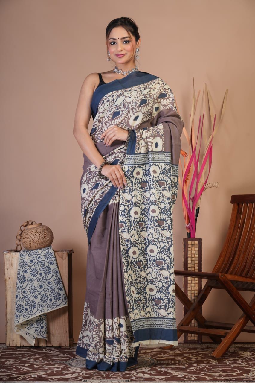 Mulmul Saree HandBlock Printed With Blouse 5.5m