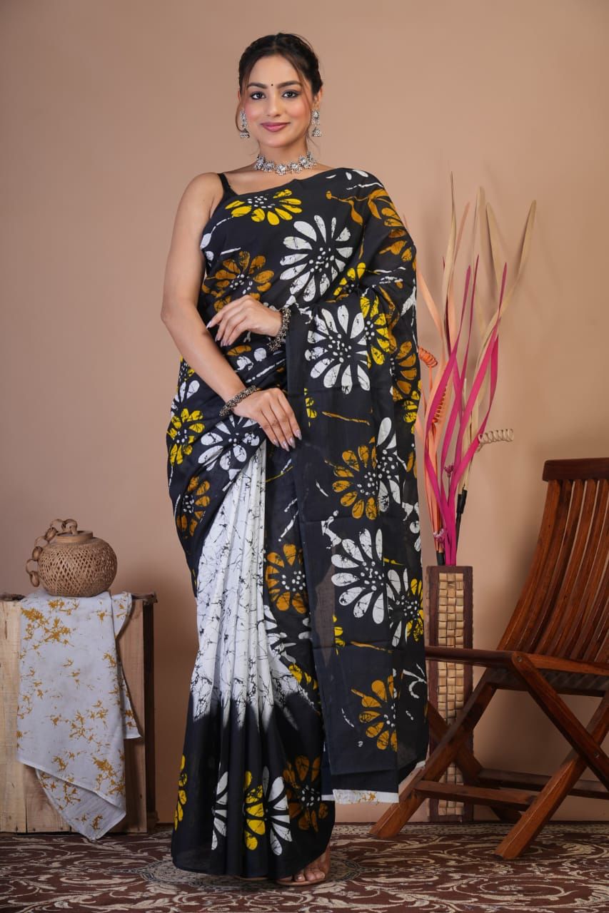 Mulmul Saree HandBlock Printed With Blouse 5.5m