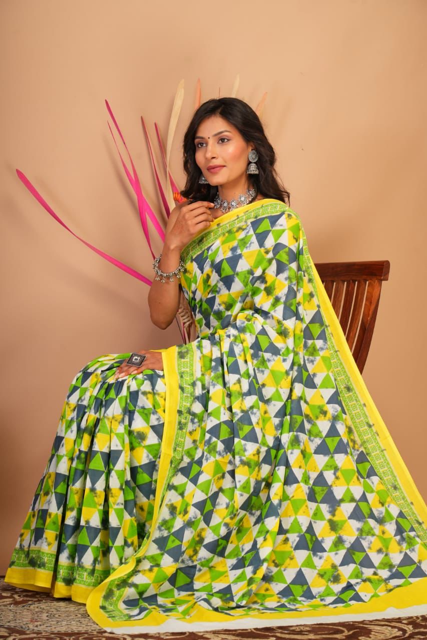 Mulmul Saree HandBlock Printed With Blouse 5.5m