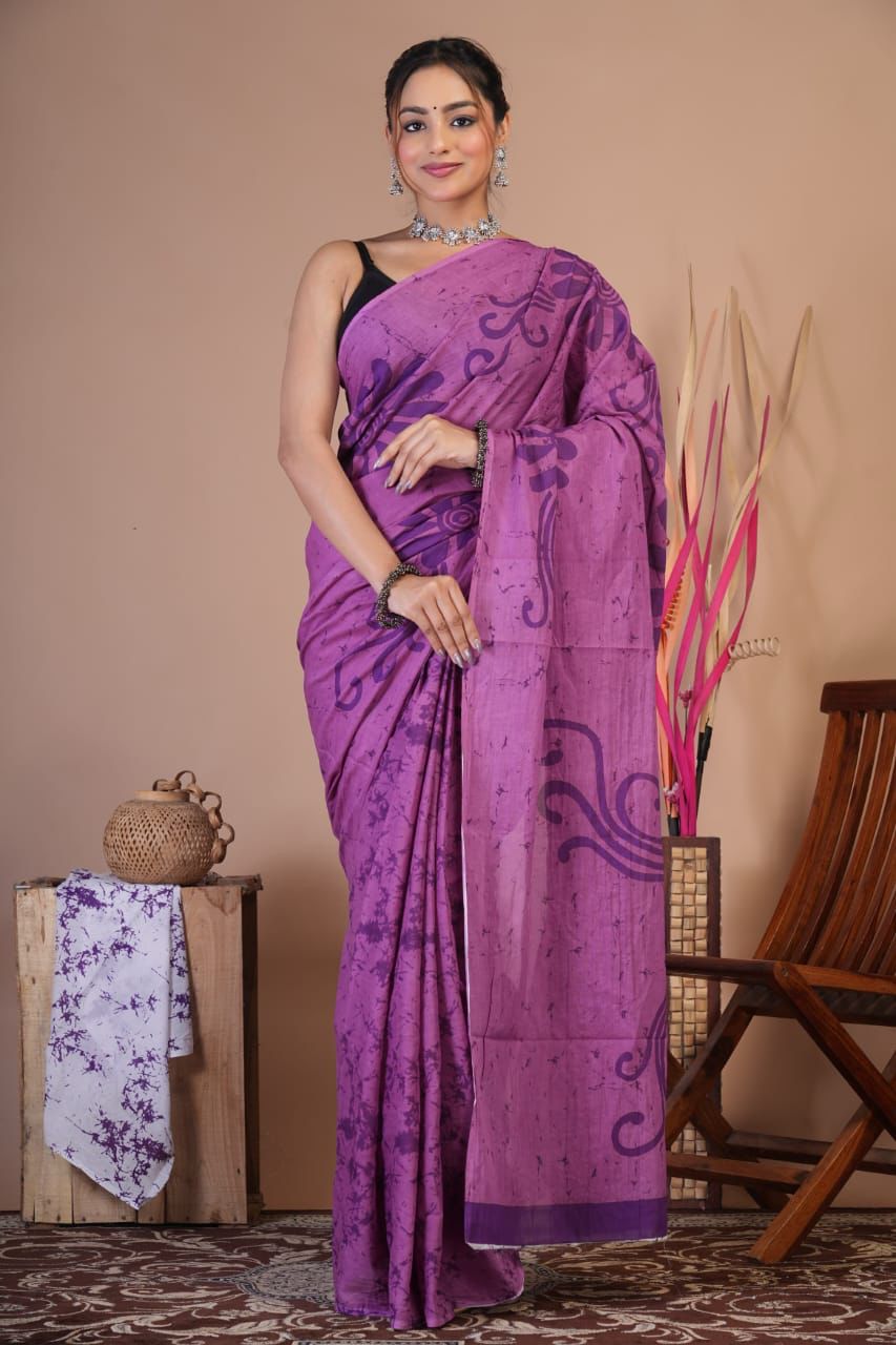 Mulmul Saree HandBlock Printed With Blouse 5.5m