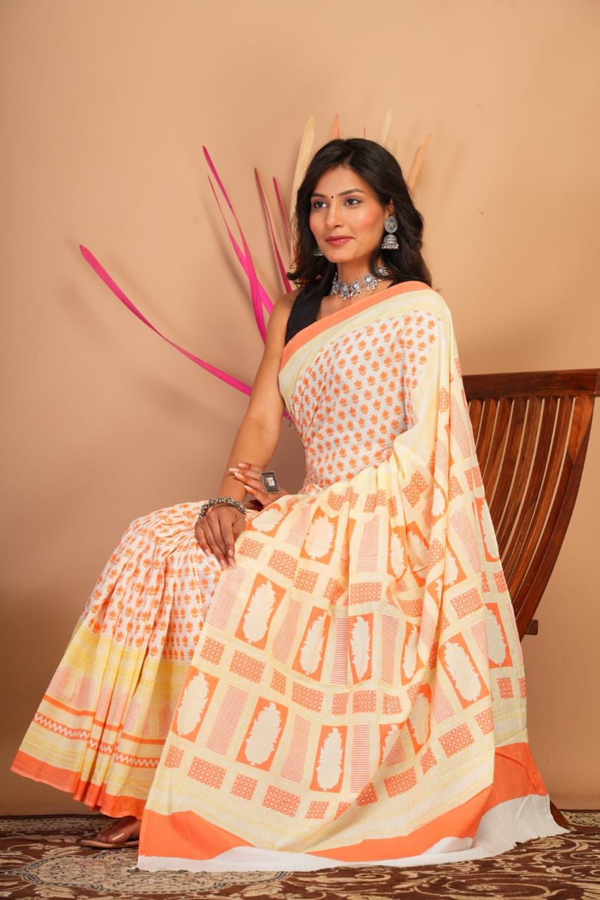 Mulmul Saree HandBlock Printed With Blouse 5.5m